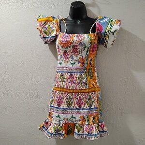 Mango -S- Dress with Puff Sleeves-colorful tropical-mini dress furrowed knitting